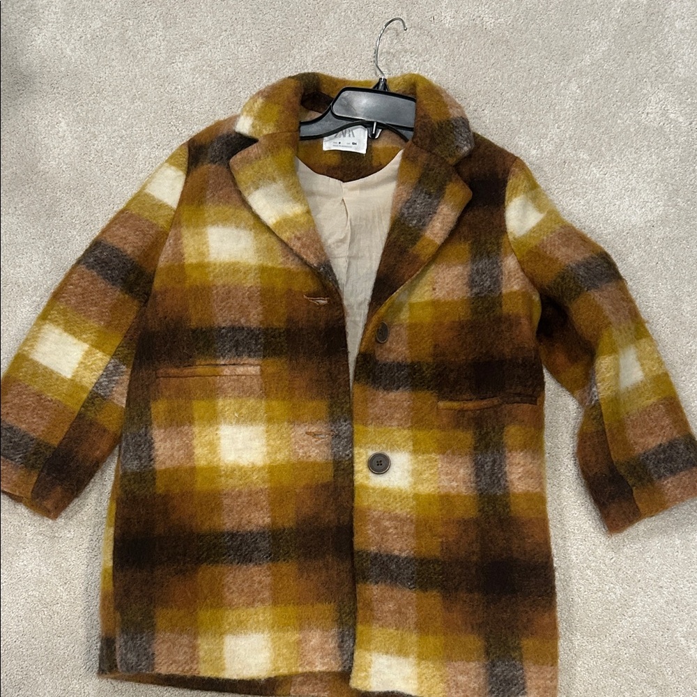 Zara Kids Plaid Pea Coat - Brown and Yellow